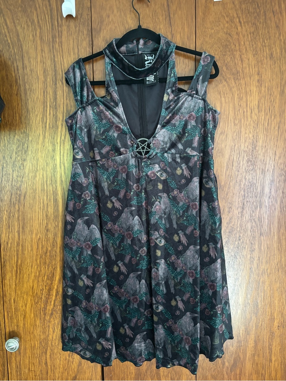 Killstar Black Gothic Mini Dress with Green & Mauve Botanical Print
